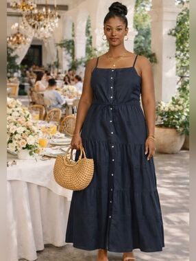 J McLaughlin Navy Tiered Linen Cotton  Maxi Dress XL 16 Resort Casual Cottagecor